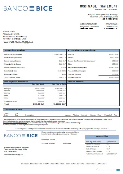 Download Chile Banco Bice bank mortgage statement scr Photoshop template